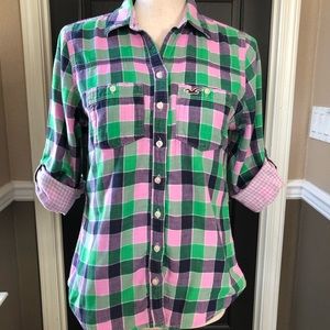 Hollister Long Sleeve Plaid Green Pink Size Medium